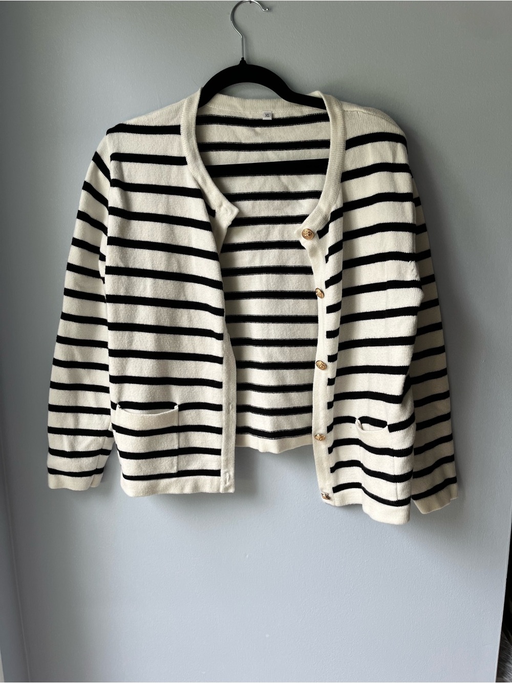 Striped Crewneck Cardigan Sweater - Black & Cream- XL
